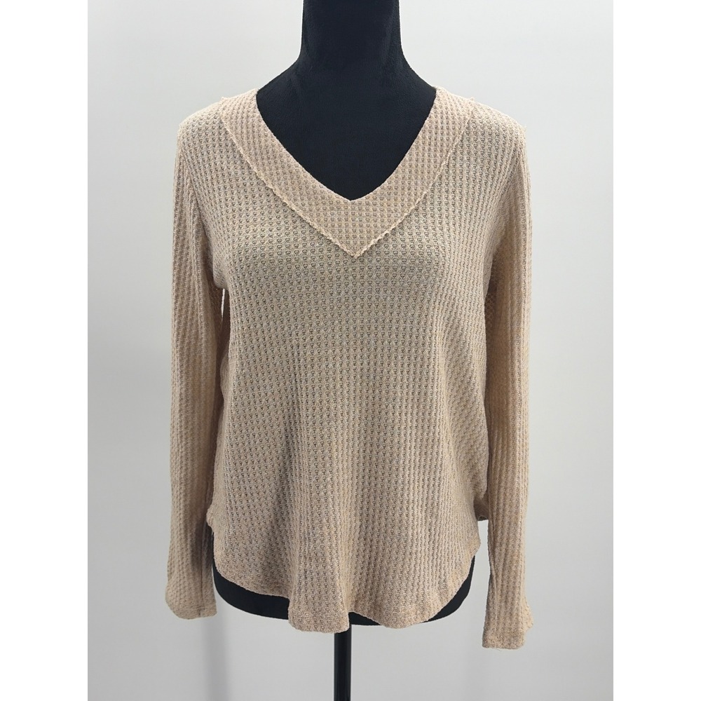 Altard State Womens Waffle Knit V-Neck Long Sleeve Top, Beige, Casual size Small